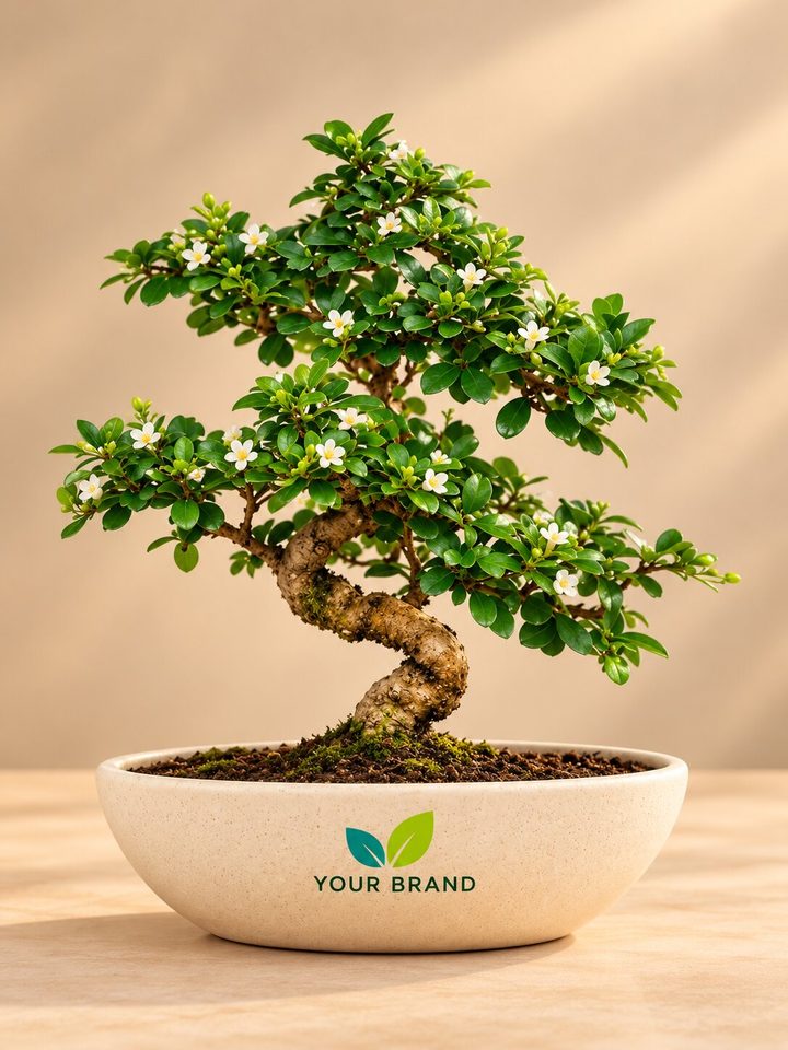Flowering Carmona bonsai with a company logo on the pot, Diwali corporate gift