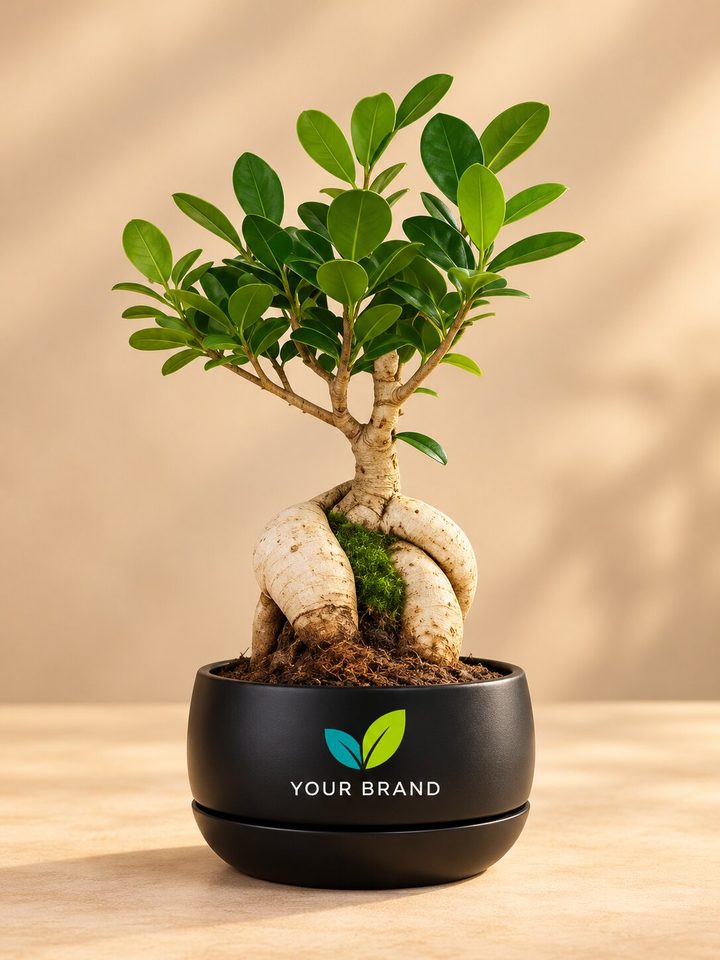 Grafted Ficus bonsai with a company logo on the pot, Diwali corporate gift