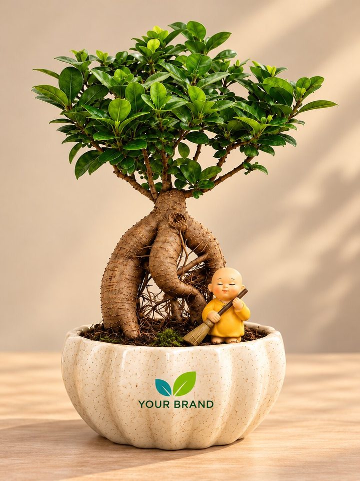 Grafted Ficus + little monk with a company logo on the pot, Diwali corporate gift