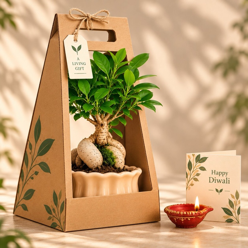 Ficus bonsai in a kraft gift carrier with an 'A Living Gift' tag, a Happy Diwali card and a lit clay diya