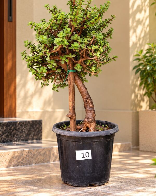 10+ year-old Jade bonsai JADE-10 with a curving, textured trunk and a dense rounded crown of coin-shaped leaves, 18 to 20 inches tall in a 10-inch pot