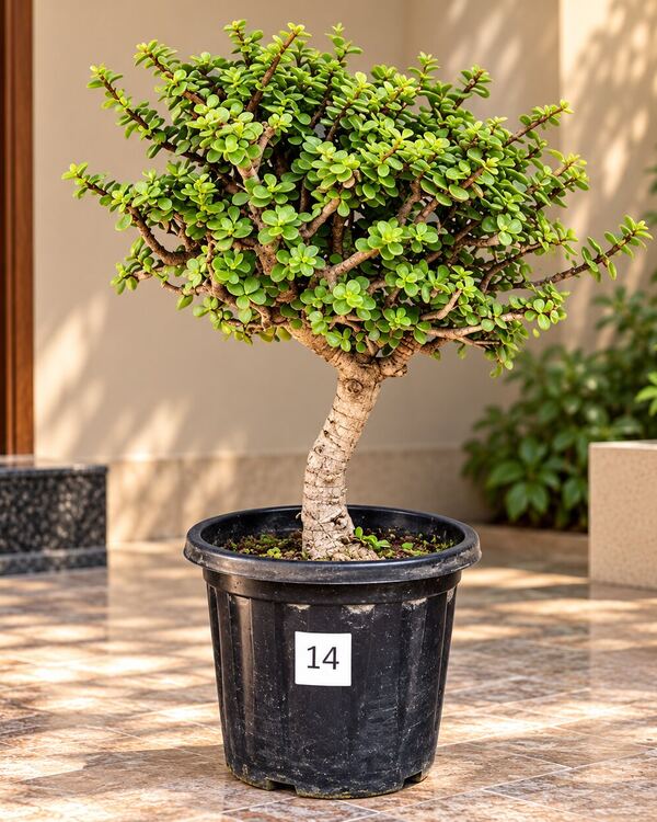 10+ year-old Jade bonsai JADE-14 with a tapered trunk and a wide umbrella-shaped canopy, 18 to 20 inches tall in a 10-inch pot