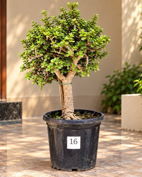 10+ year-old Jade bonsai JADE-16 with a thick upright trunk and a full rounded canopy, 18 to 20 inches tall in a 10-inch pot