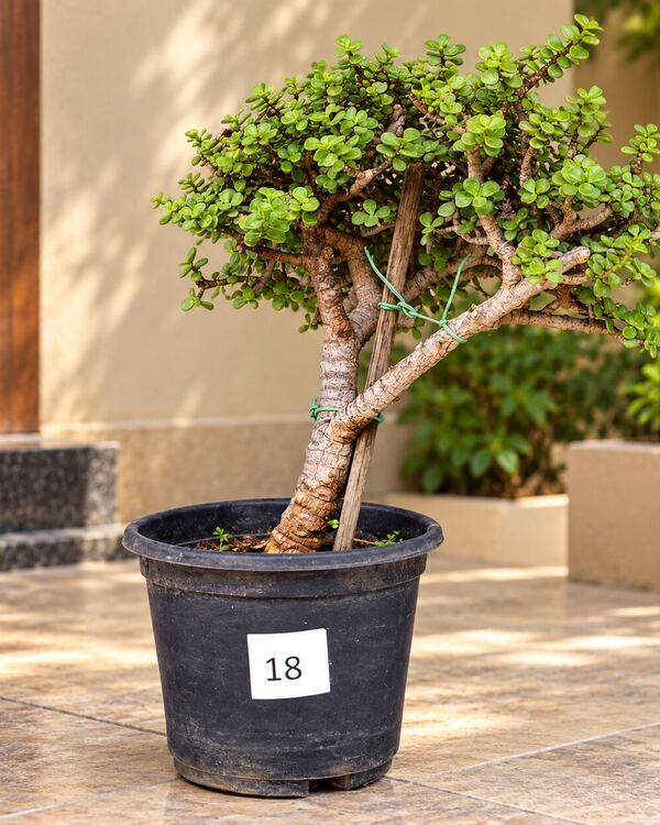 10+ year-old Jade bonsai JADE-18 with a leaning, heavily textured trunk and wide spreading branches, 18 to 20 inches tall in a 10-inch pot