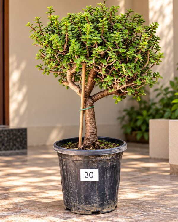10+ year-old Jade bonsai JADE-20 with a forked trunk and a broad dome-shaped canopy, 18 to 20 inches tall in a 10-inch pot