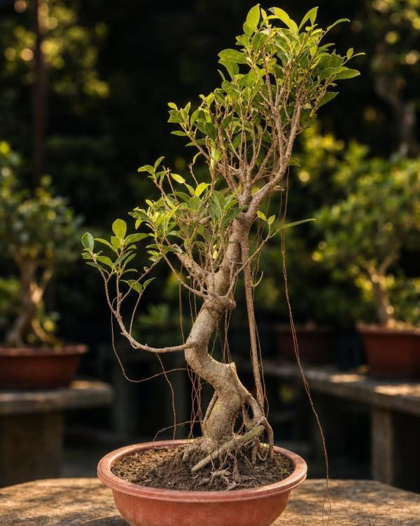 15-year-old Ficus bonsai MBS-035 with a twisting S-curve trunk, fine hanging aerial roots and a two-tiered leafy canopy, in a round terracotta bonsai pot