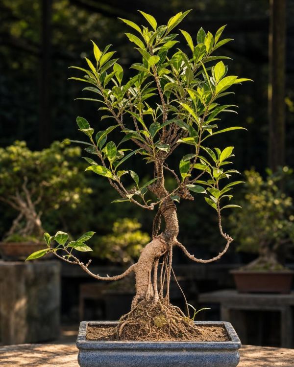 15-year-old Ficus bonsai MBS-060 with a curved trunk with a long, low horizontal branch, fine aerial roots and an open upright canopy, in a rectangular blue glazed bonsai pot
