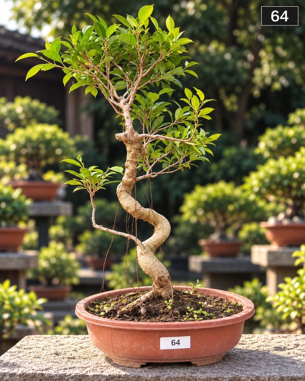 15-year-old Ficus bonsai MBS-064 with a slender twisting trunk, hanging aerial roots and a wide tiered branches, in a round terracotta pot