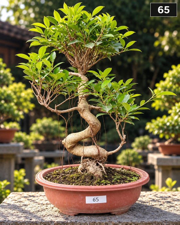 15-year-old Ficus bonsai MBS-065 with a bold S-curve trunk, strong aerial roots reaching for the soil and a full rounded canopy, in a oval terracotta pot