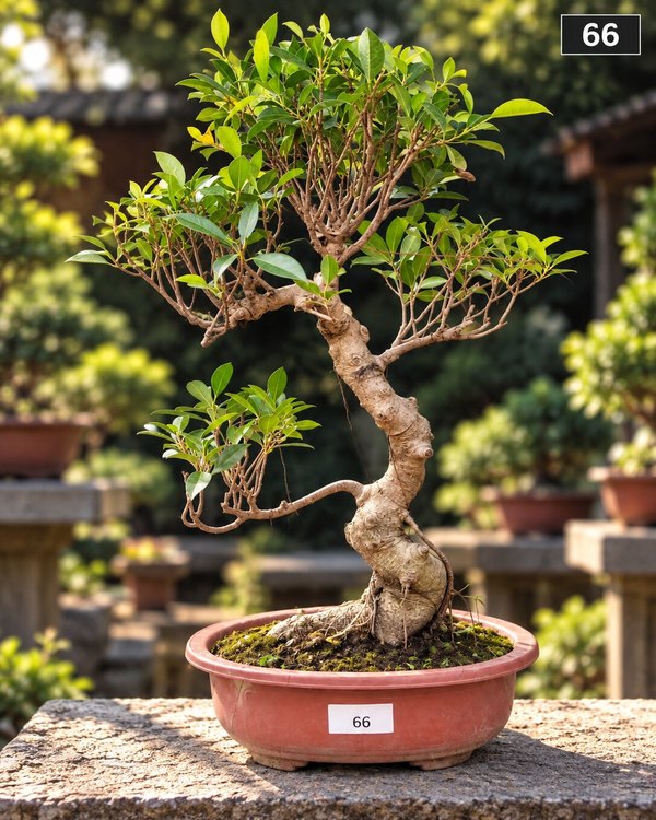 15-year-old Ficus bonsai MBS-066 with a sinuous serpentine trunk, braided aerial roots and a broad spreading canopy, in a glazed ceramic pot