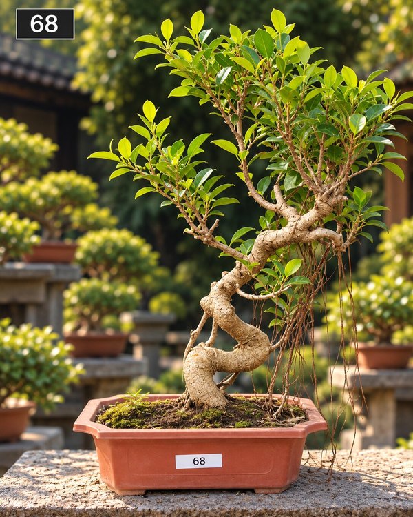 15-year-old Ficus bonsai MBS-068 with a gracefully curved trunk, exposed nebari at the base and a lush cascading foliage, in a terracotta bonsai pot