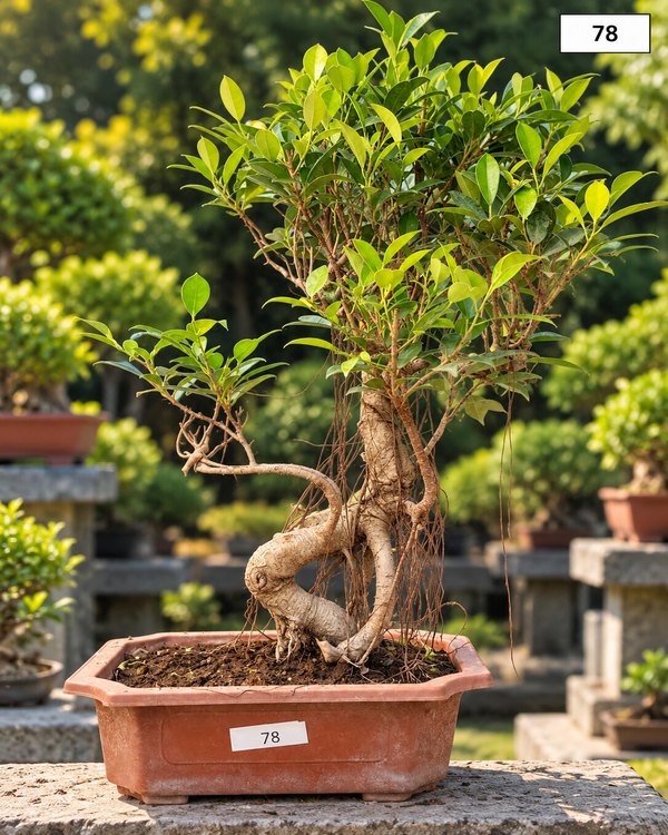 15-year-old Ficus bonsai MBS-078 with a windswept leaning trunk, braided aerial roots and a broad spreading canopy, in a terracotta bonsai pot
