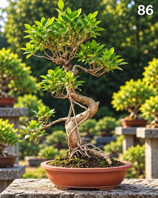 15-year-old Ficus bonsai MBS-086 with a windswept leaning trunk, exposed nebari at the base and a lush cascading foliage, in a glazed ceramic pot