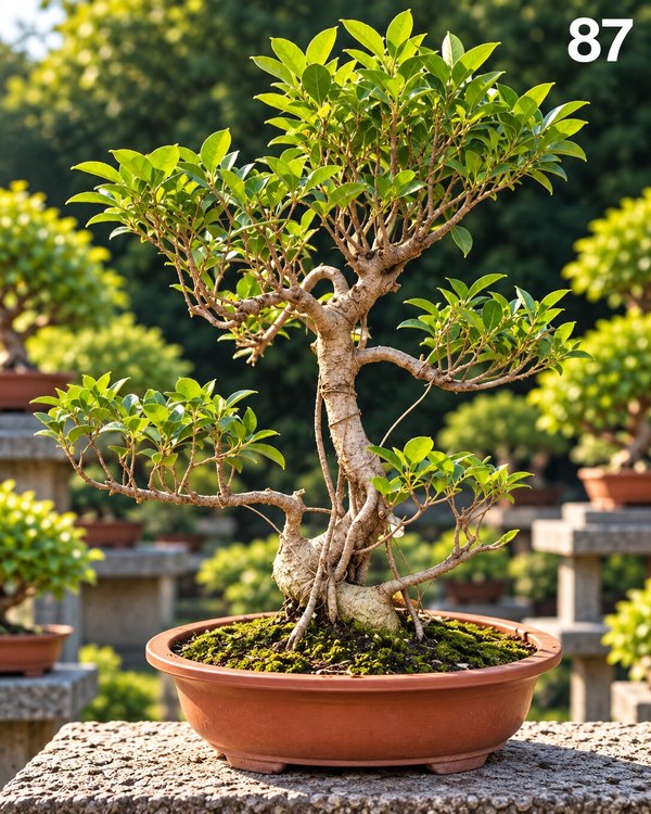 15-year-old Ficus bonsai MBS-087 with a spiralling twin-lead trunk, fine aerial roots and a neatly clouded foliage, in a classic brown bonsai pot