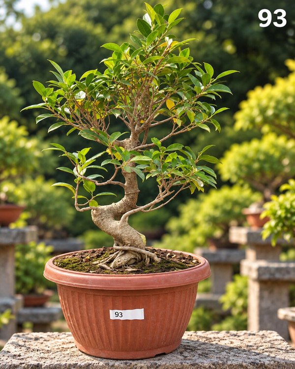 15-year-old Ficus bonsai MBS-093 with a thick tapering trunk, fine aerial roots and a neatly clouded foliage, in a terracotta bonsai pot