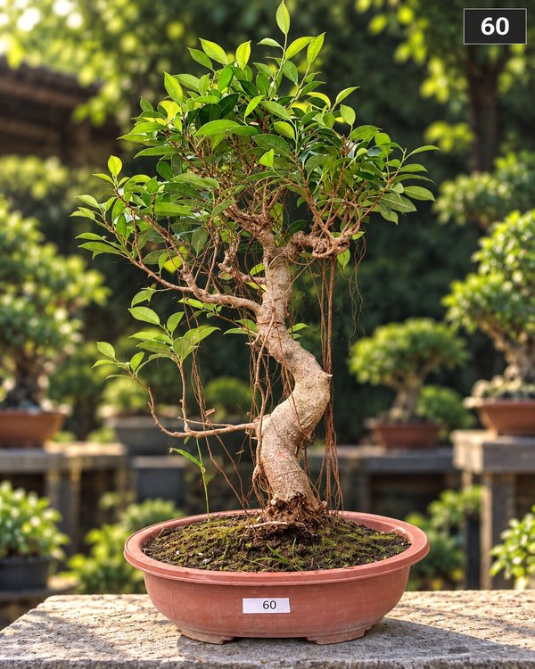 15-year-old Ficus bonsai MBS-094 with a windswept leaning trunk, hanging aerial roots and a wide tiered branches, in a round terracotta pot