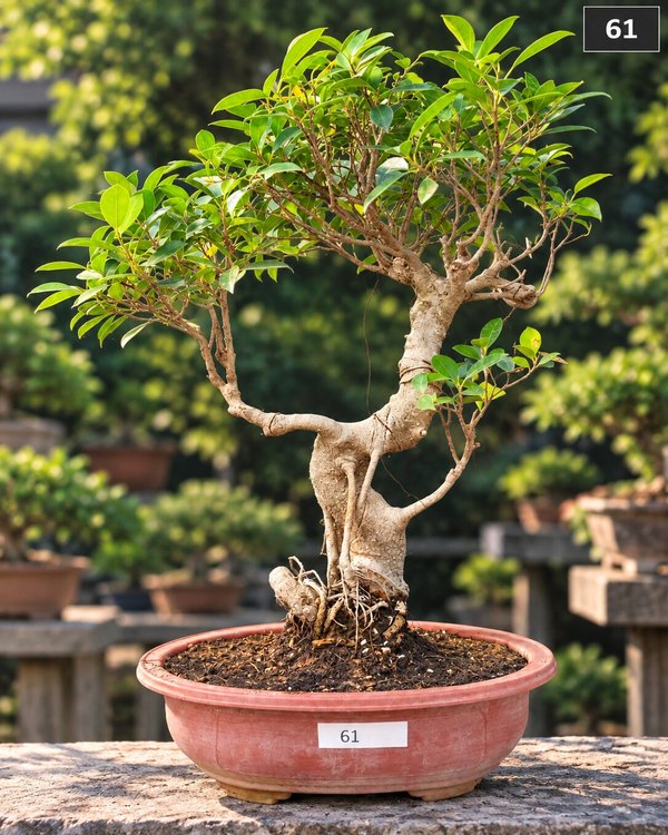15-year-old Ficus bonsai MBS-095 with a spiralling twin-lead trunk, strong aerial roots reaching for the soil and a full rounded canopy, in a oval terracotta pot