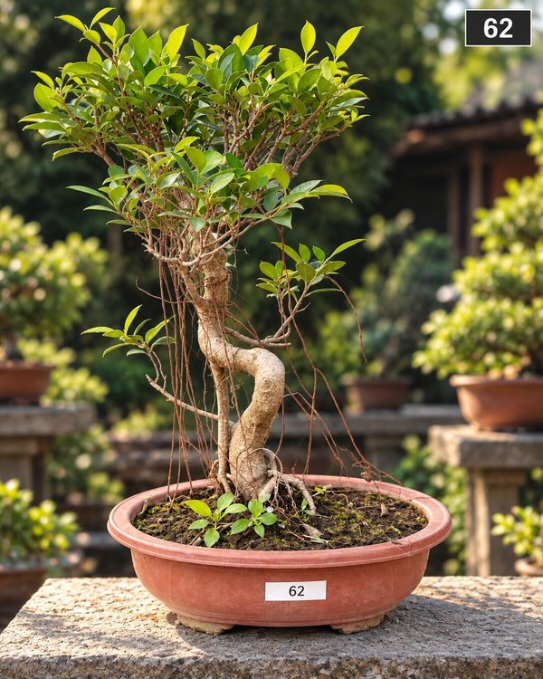 15-year-old Ficus bonsai MBS-096 with a slender twisting trunk, braided aerial roots and a broad spreading canopy, in a glazed ceramic pot